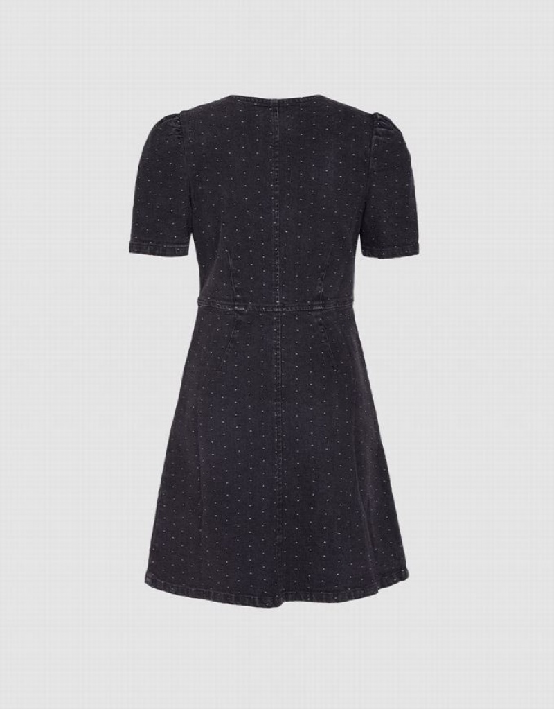 Black Urban Revivo Cut Out Polka Dot Button Front Women's Denim Dress | POIXHS-187