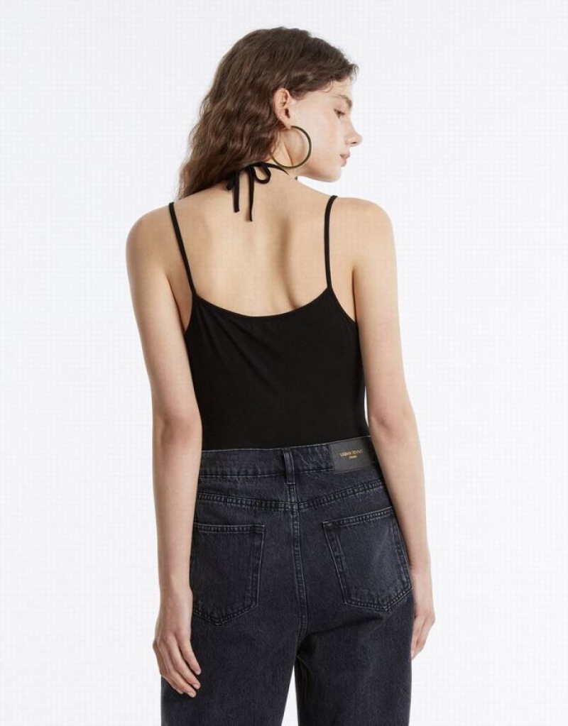 Black Urban Revivo Cut Out Women's Tank Top | BDYMLF-846