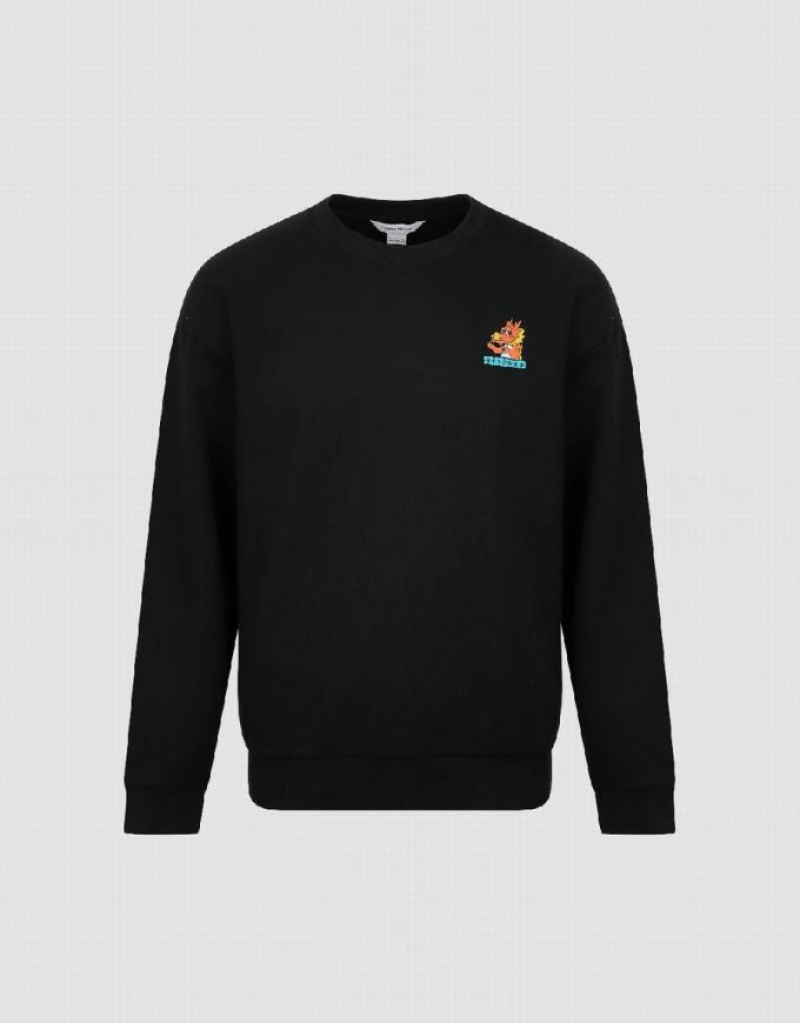 Black Urban Revivo Dragon Embossed Crew Neck Men's Sweatshirts | VGUYRT-238