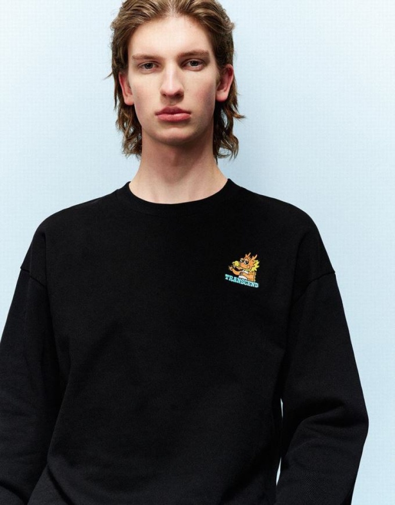 Black Urban Revivo Dragon Embossed Crew Neck Men's Sweatshirts | VGUYRT-238