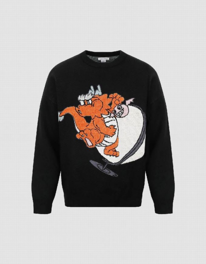 Black Urban Revivo Dragon Embroidered Knitted Men's Cardigan | MGCWQB-619