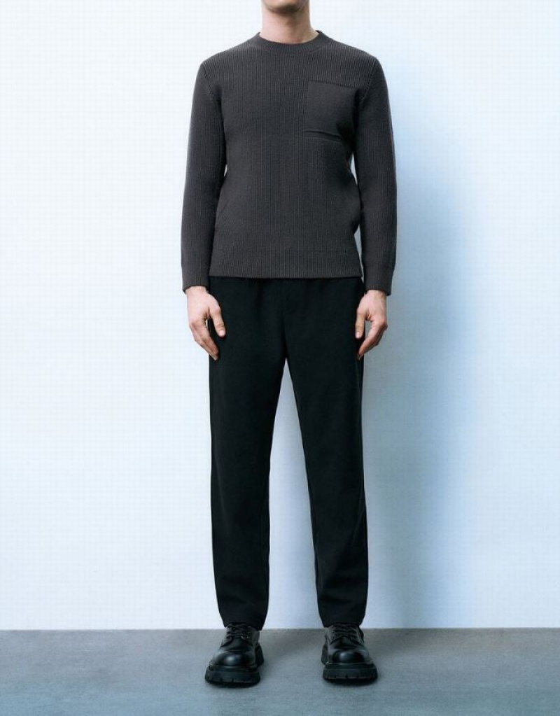 Black Urban Revivo Drawstring Waist Knitted Carrot Fit Men's Pants | UZGVTH-136