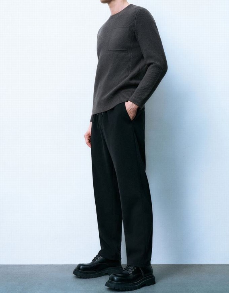 Black Urban Revivo Drawstring Waist Knitted Carrot Fit Men's Pants | UZGVTH-136