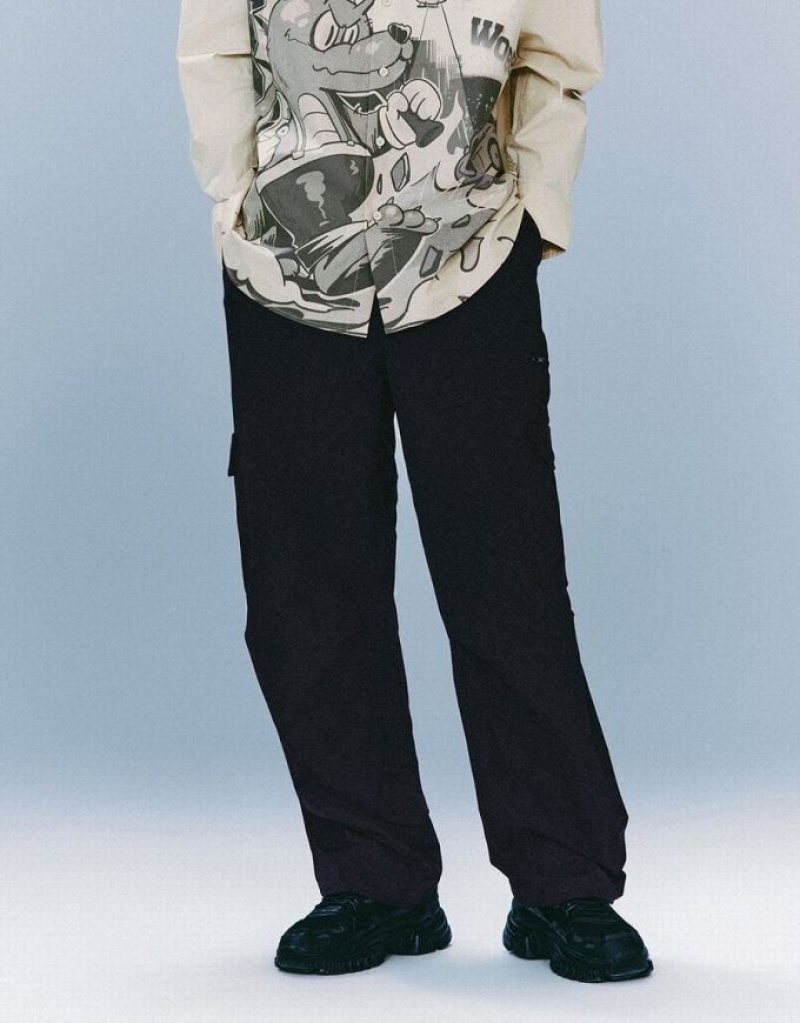 Black Urban Revivo Drawstring Waist Wide-Leg Loose Men's Pants | SDHYIN-695
