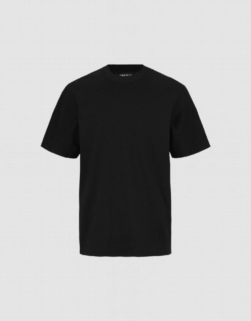 Black Urban Revivo Drop Shoulder Sleeve Crew Neck Men's T-Shirts | RUMQEC-481