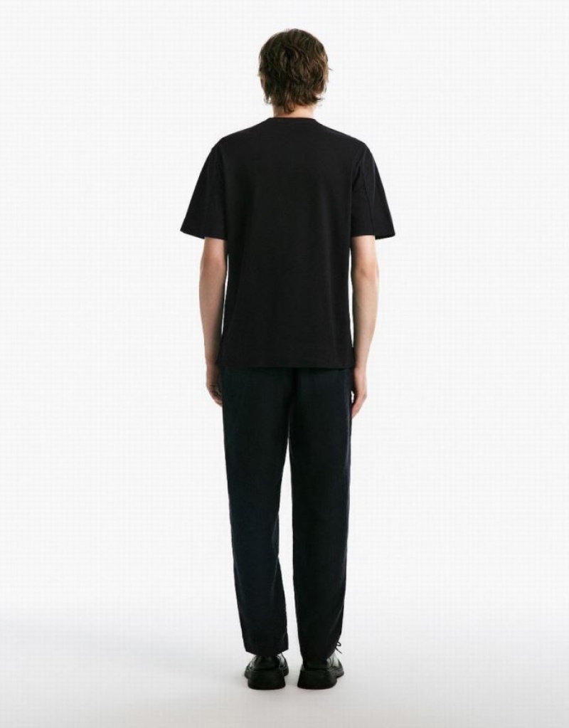 Black Urban Revivo Drop Shoulder Sleeve Crew Neck Men's T-Shirts | RUMQEC-481