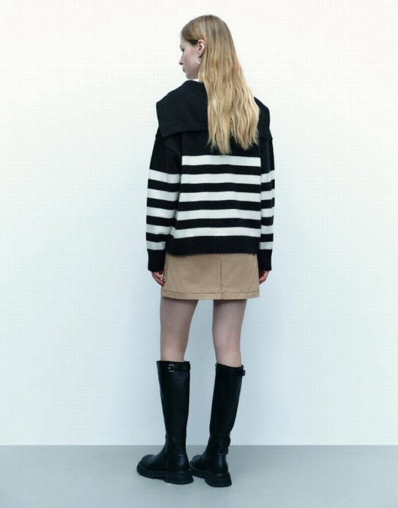 Black Urban Revivo Drop Shoulder Sleeve Striped Knitted Women's Cardigan | PWLNXO-941