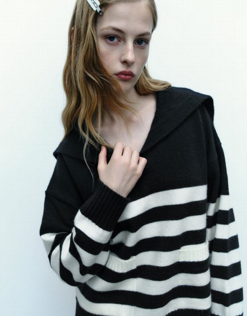 Black Urban Revivo Drop Shoulder Sleeve Striped Knitted Women's Cardigan | PWLNXO-941