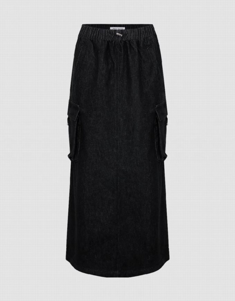 Black Urban Revivo Elastic Waist Straight Women\'s Denim Skirt | PSXVNA-643