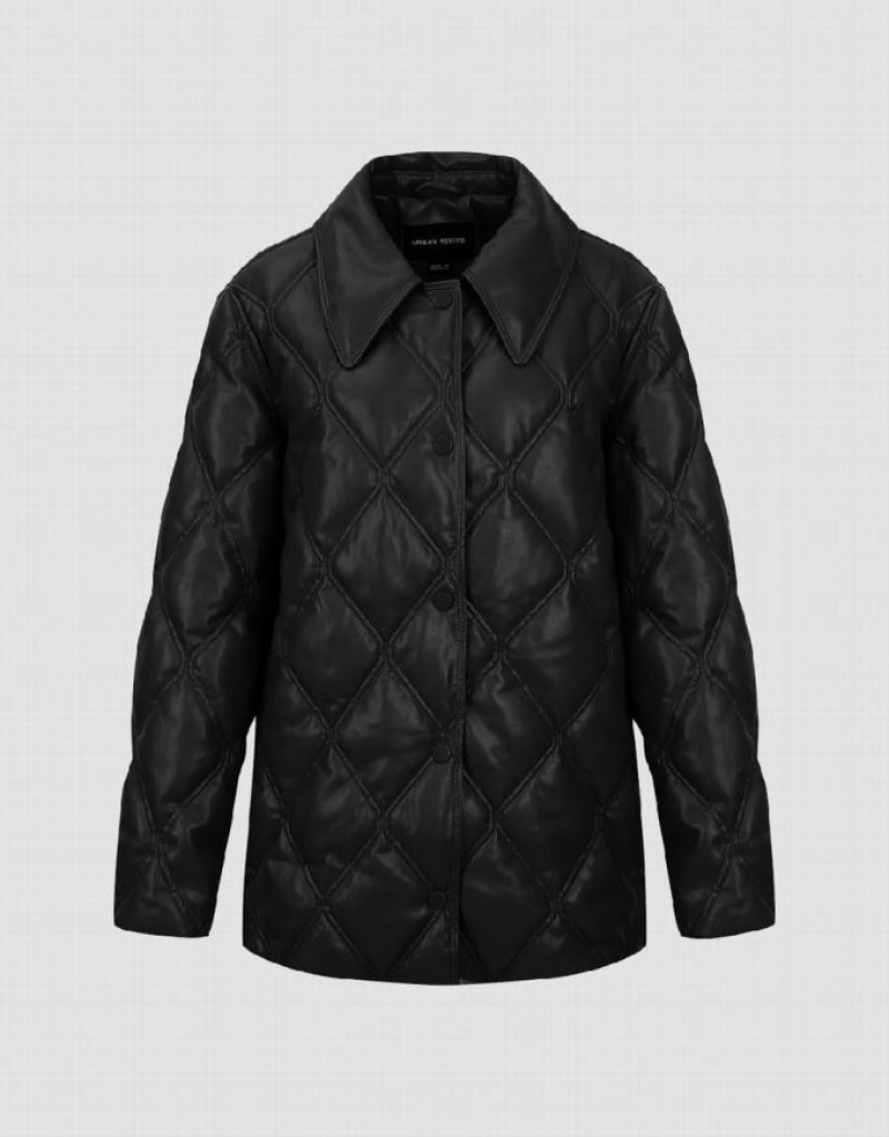 Black Urban Revivo Embossed Straight Padded Women's Coats | CYDHQN-643
