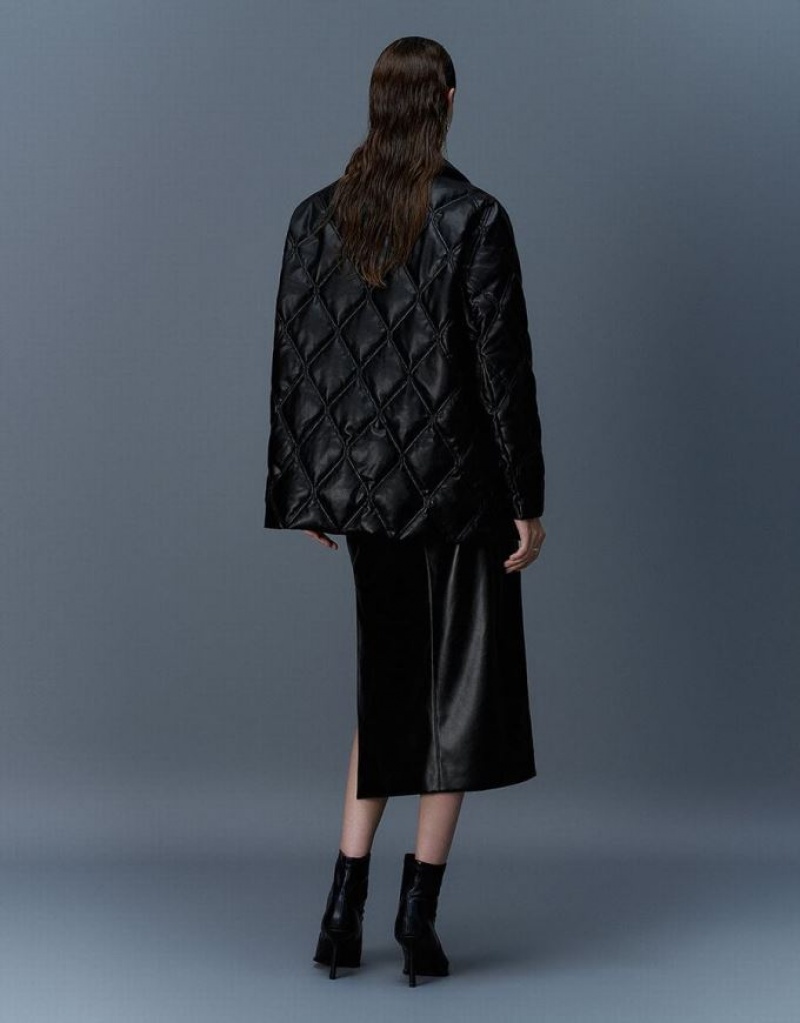 Black Urban Revivo Embossed Straight Padded Women's Coats | CYDHQN-643