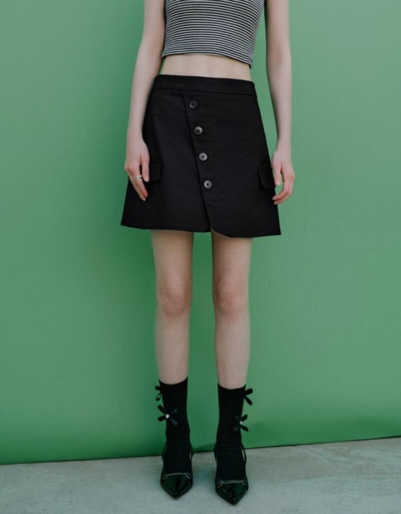 Black Urban Revivo Fake Pockets Mini A-Line Women's Skirts | JRPKNZ-761