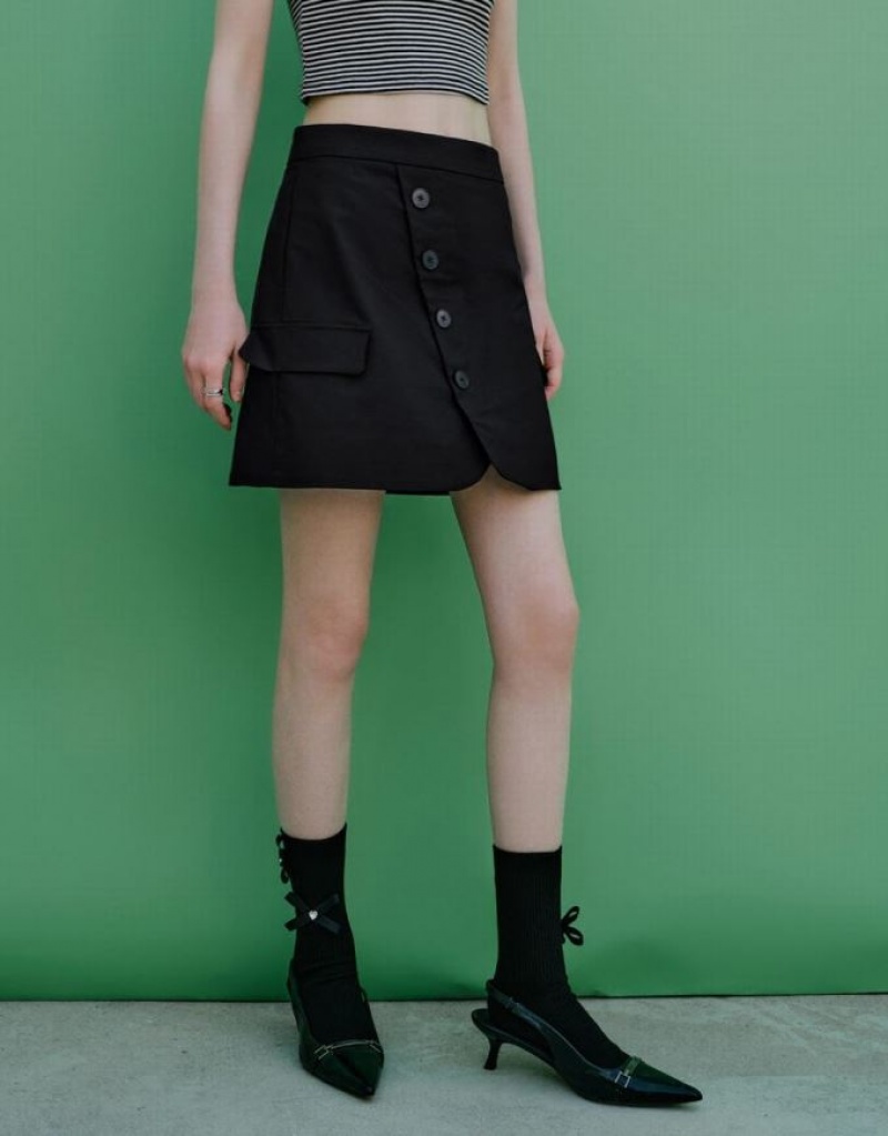 Black Urban Revivo Fake Pockets Mini A-Line Women's Skirts | JRPKNZ-761