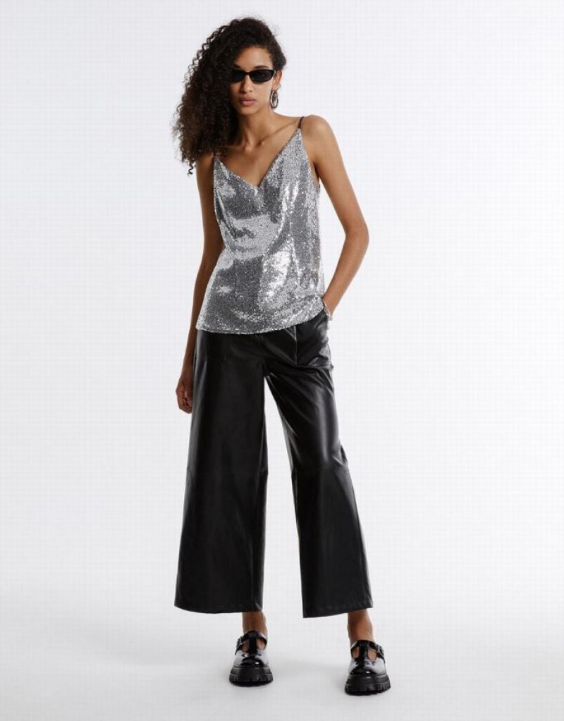 Black Urban Revivo Faux Leather Wide Leg Women's Pants | IHRZJT-325