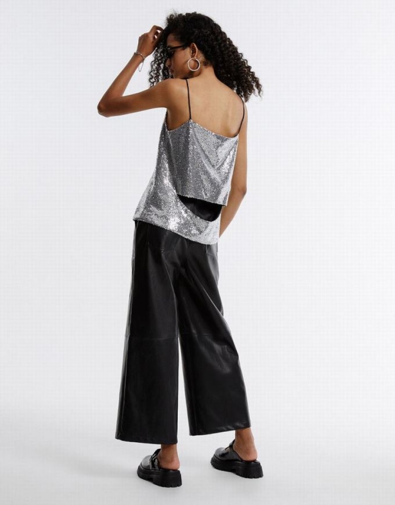 Black Urban Revivo Faux Leather Wide Leg Women's Pants | IHRZJT-325