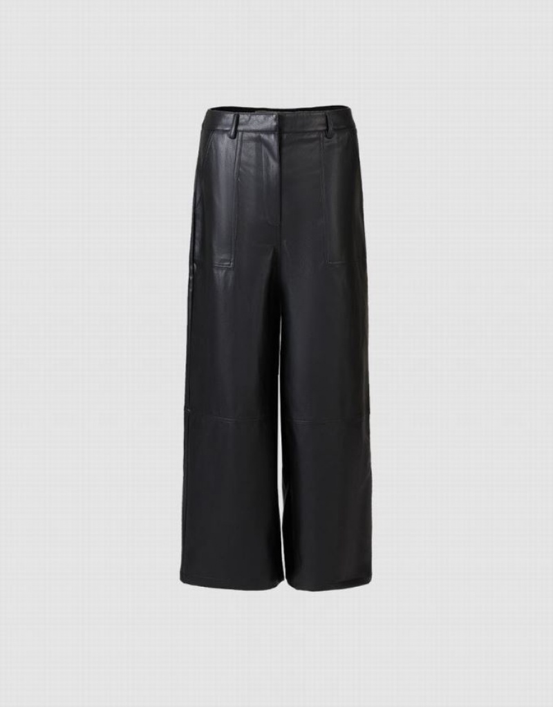 Black Urban Revivo Faux Leather Wide Leg Women\'s Pants | IHRZJT-325