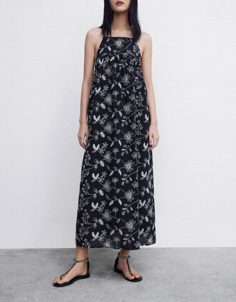 Black Urban Revivo Floral Sleeveless Midi Women's Midi Dress | UJHIAZ-734