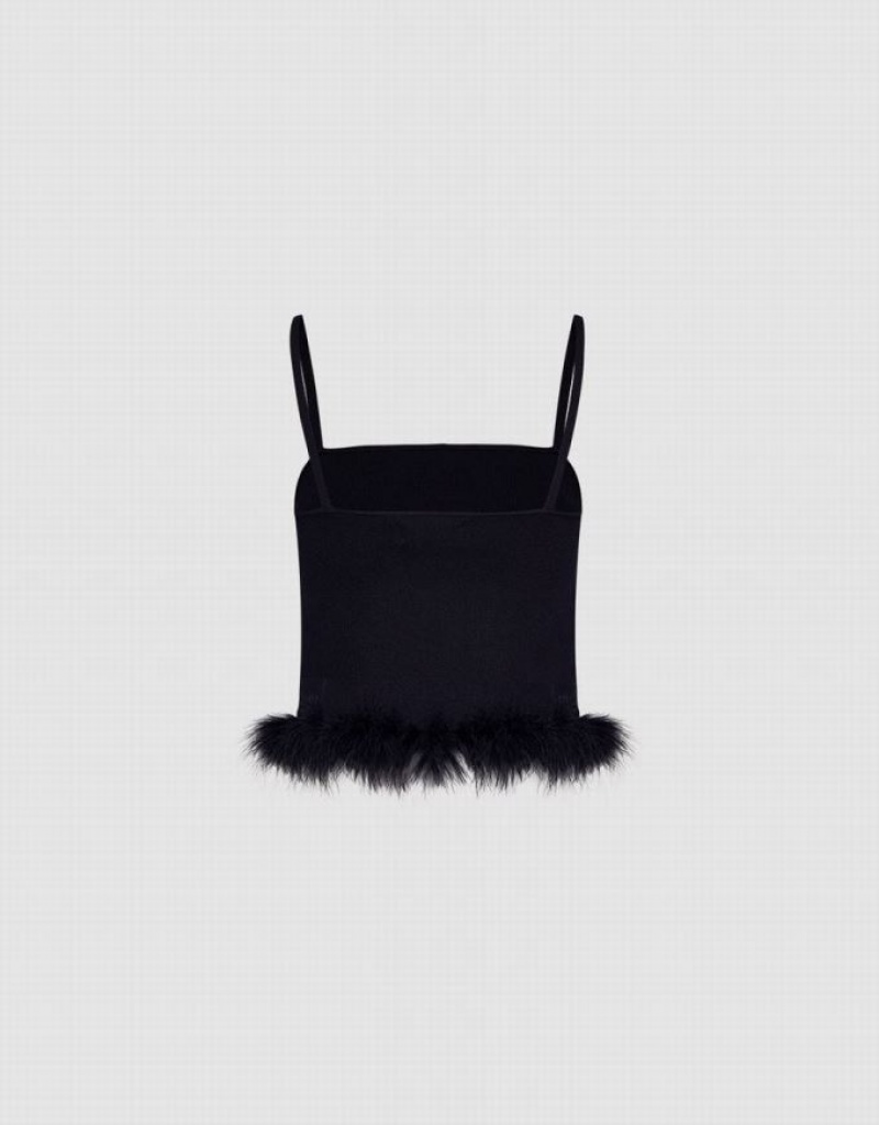 Black Urban Revivo Fluffy Trim Knitted Women's Camisole | KNDQEV-285