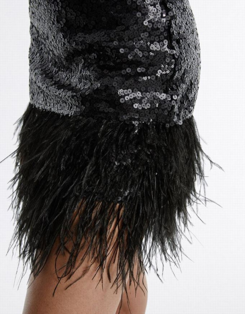Black Urban Revivo Frayed Hem Strappy With Sequins Women's Short Dress | VKSOYX-984