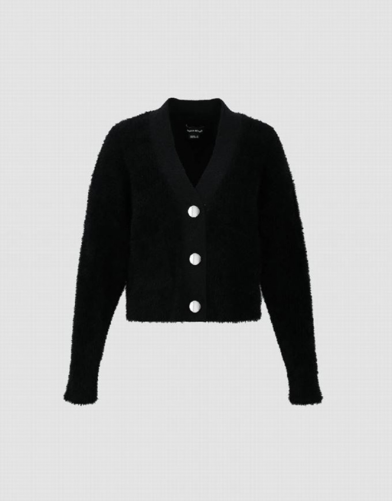 Black Urban Revivo Furry V-Neck Knitted Women's Cardigan | OGCIWF-982