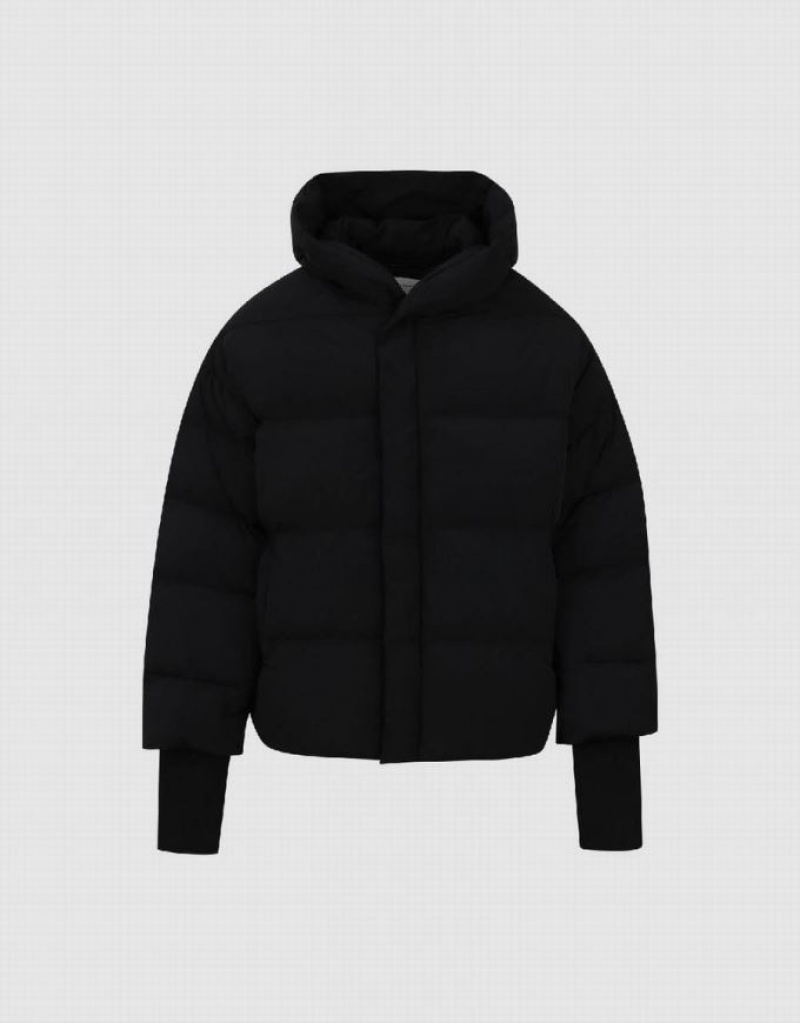 Black Urban Revivo Hooded Loose Men's Puffer Jacket | HPYXLU-341
