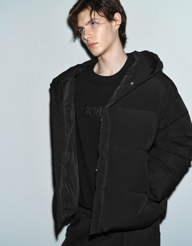 Black Urban Revivo Hooded Loose Men's Puffer Jacket | HPYXLU-341