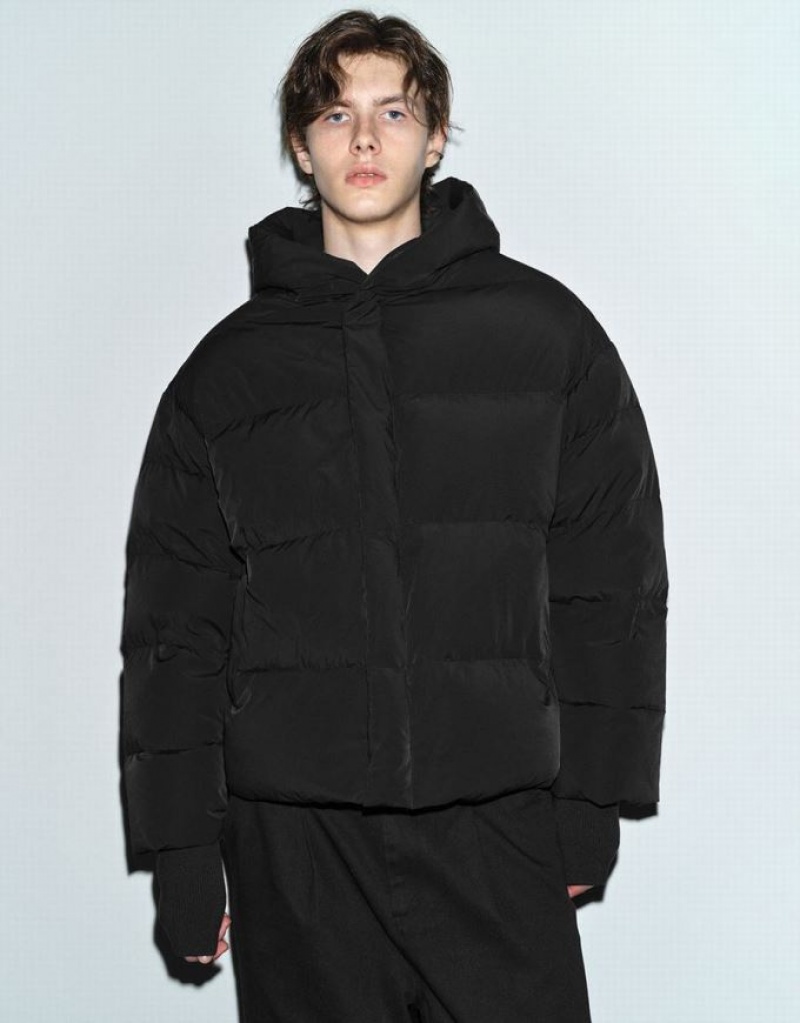 Black Urban Revivo Hooded Loose Men\'s Puffer Jacket | HPYXLU-341