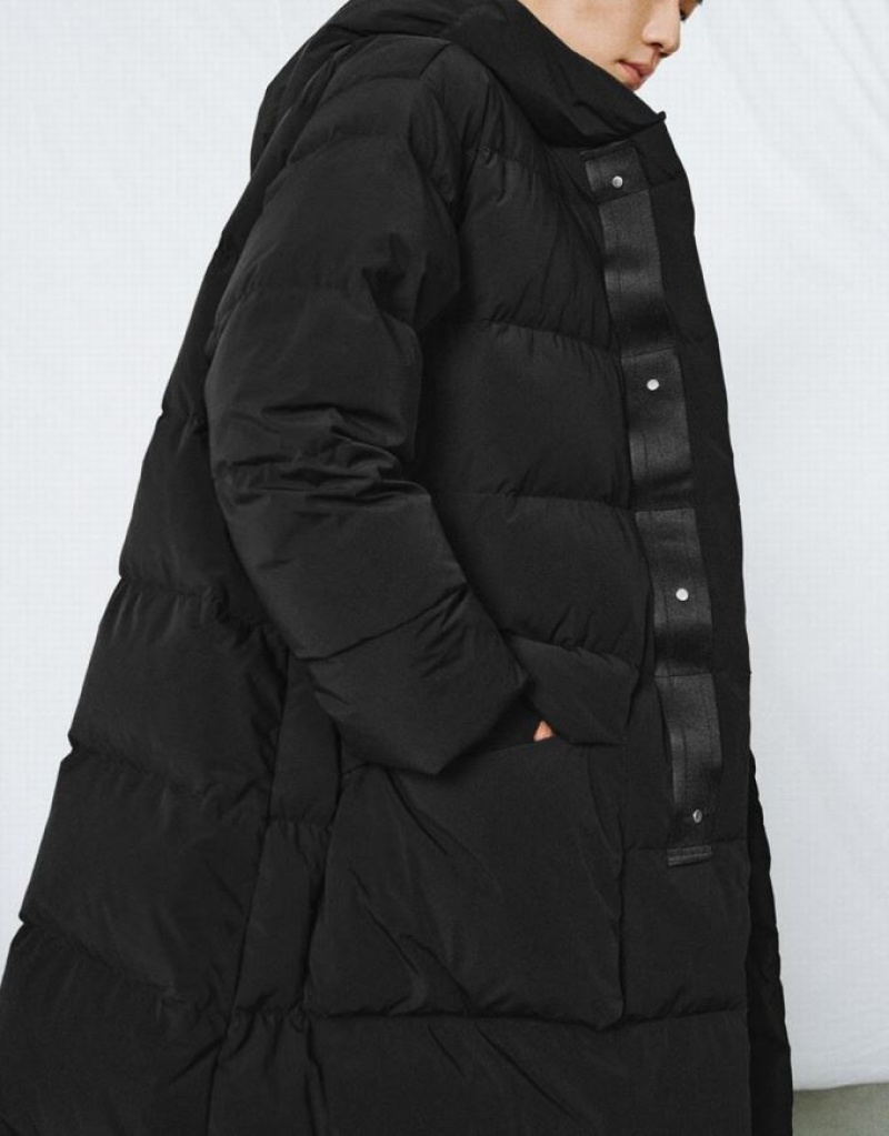 Black Urban Revivo Hooded Men's Puffer Jacket | MXBQIS-682