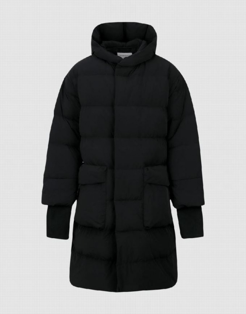 Black Urban Revivo Hooded Men\'s Puffer Jacket | MXBQIS-682