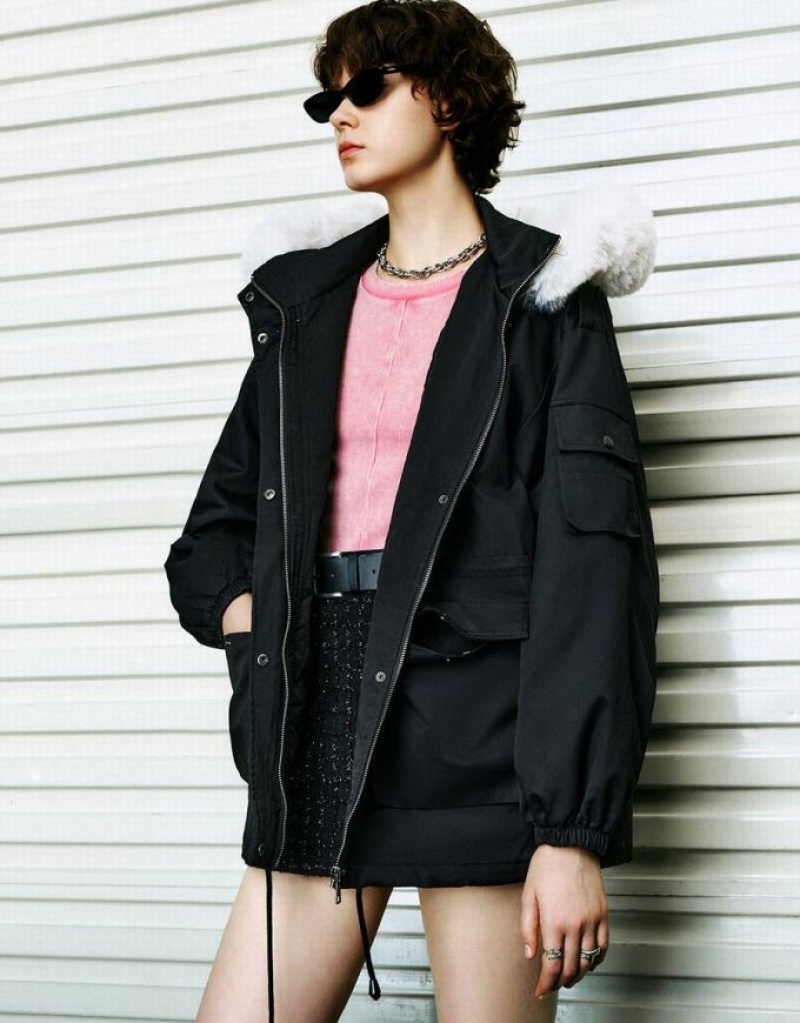 Black Urban Revivo Hooded Padded With Furry Collar Women's Coats | GBLMOY-648