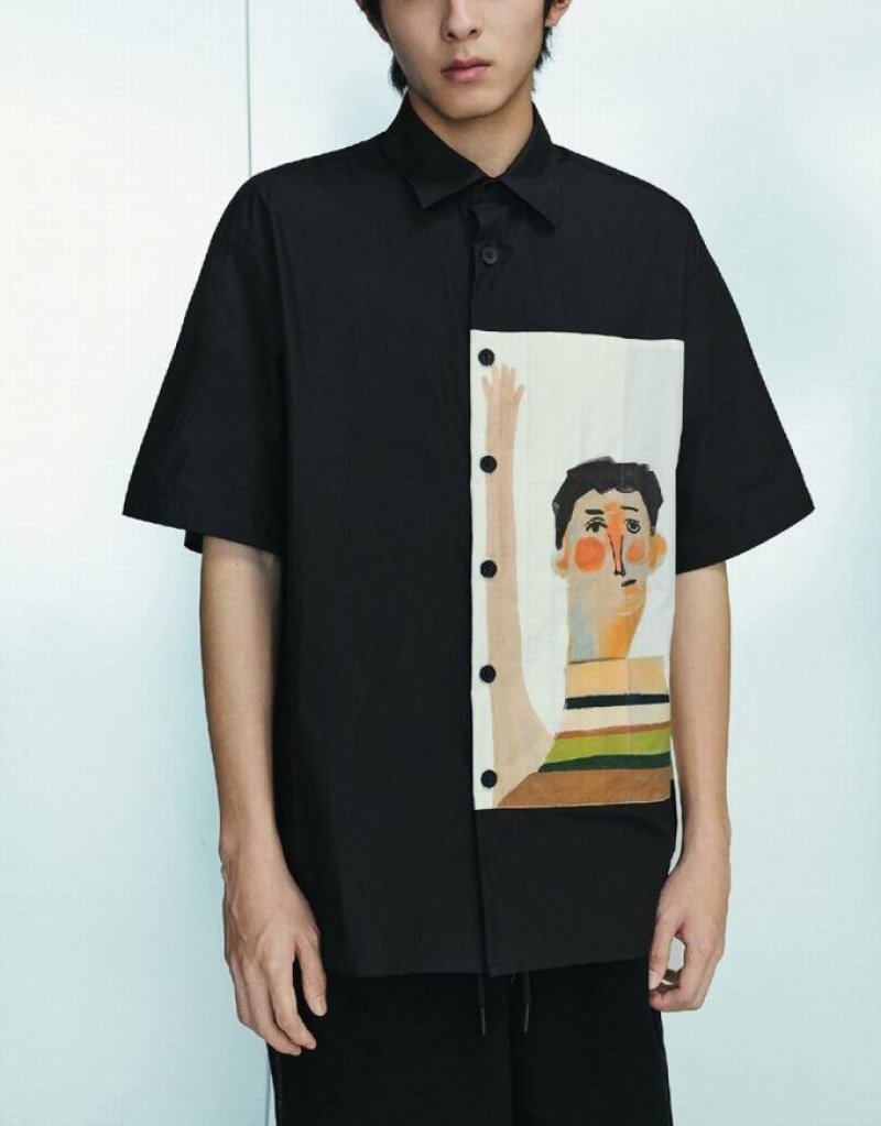 Black Urban Revivo Human Printed Loose Men's Shirts | ZWFGSE-178