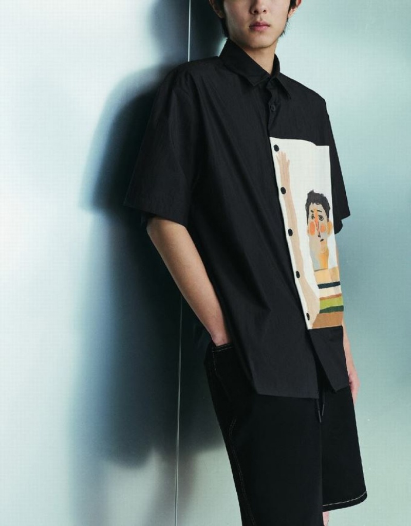 Black Urban Revivo Human Printed Loose Men's Shirts | ZWFGSE-178