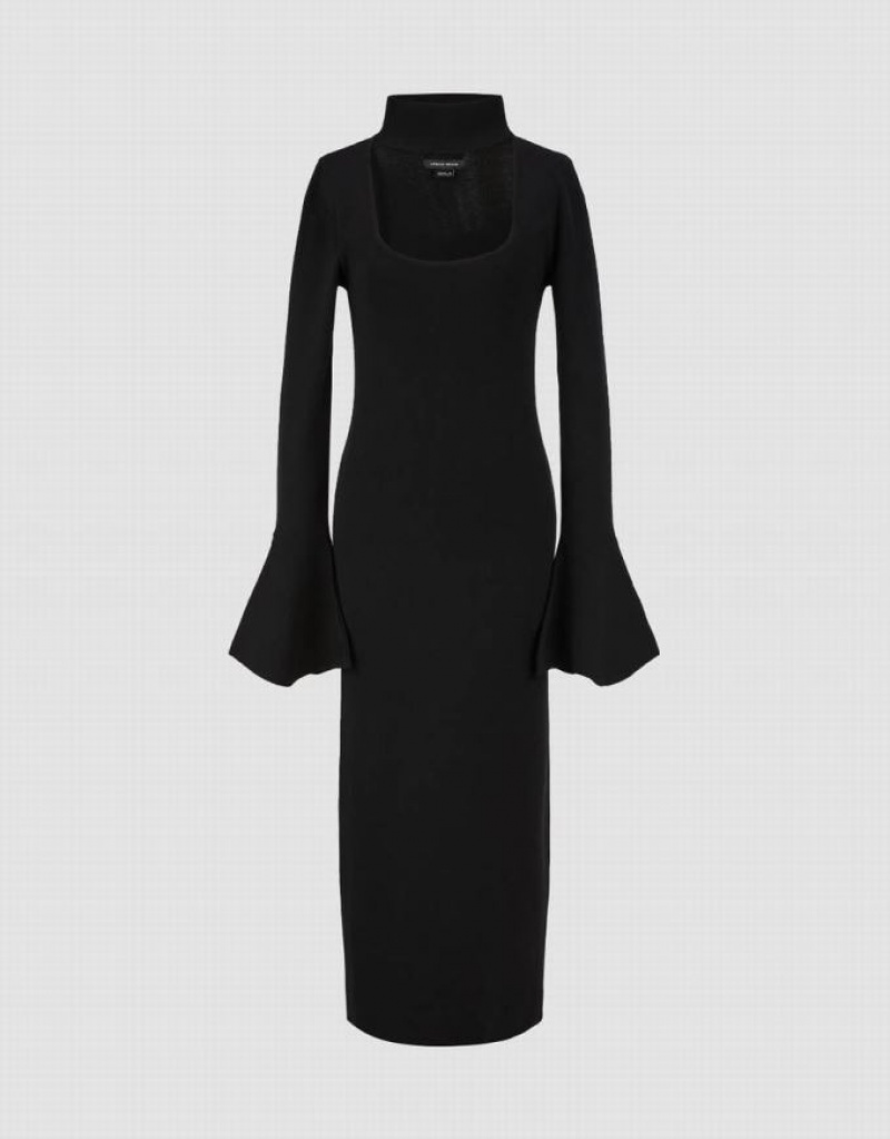 Black Urban Revivo Keyhole Neck Women's Knitted Dress | WNETRF-678