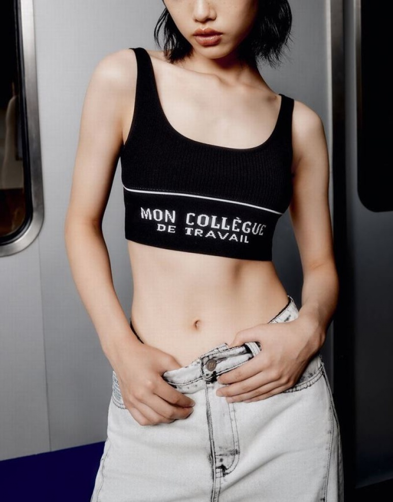 Black Urban Revivo Letter Cropped Women's Tank Top | KYWQAR-250