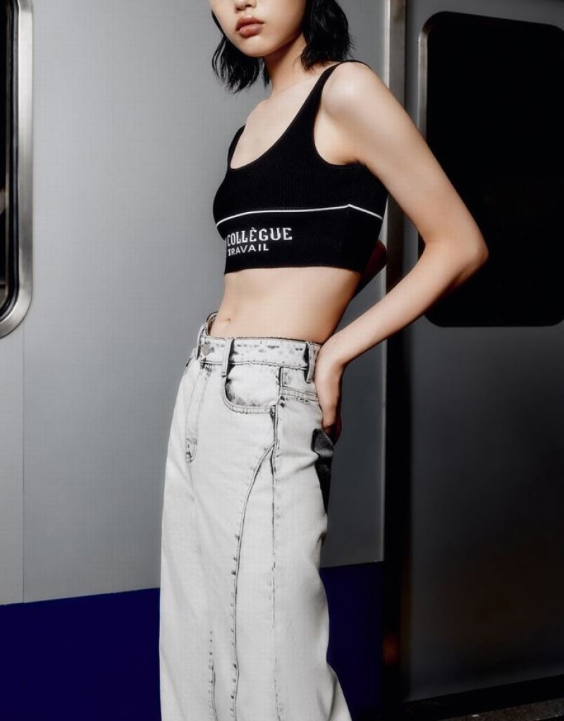 Black Urban Revivo Letter Cropped Women's Tank Top | KYWQAR-250