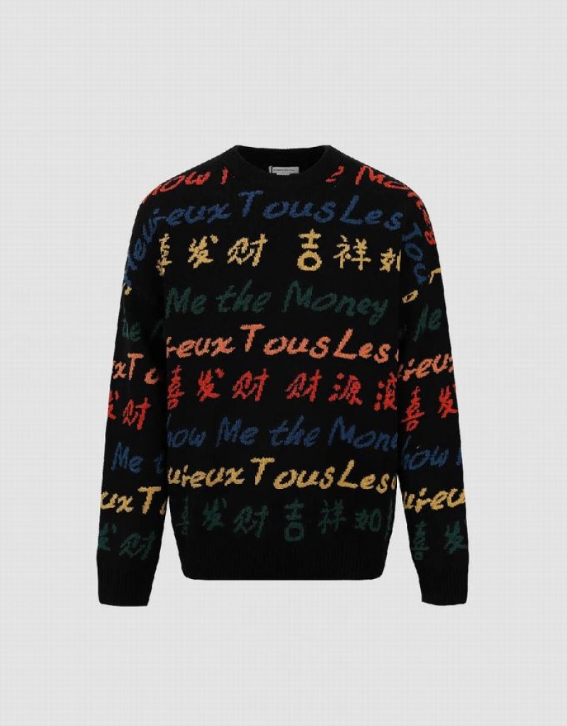 Black Urban Revivo Letter Embroidered Crew Neck Men's Sweaters | KEIVAN-527