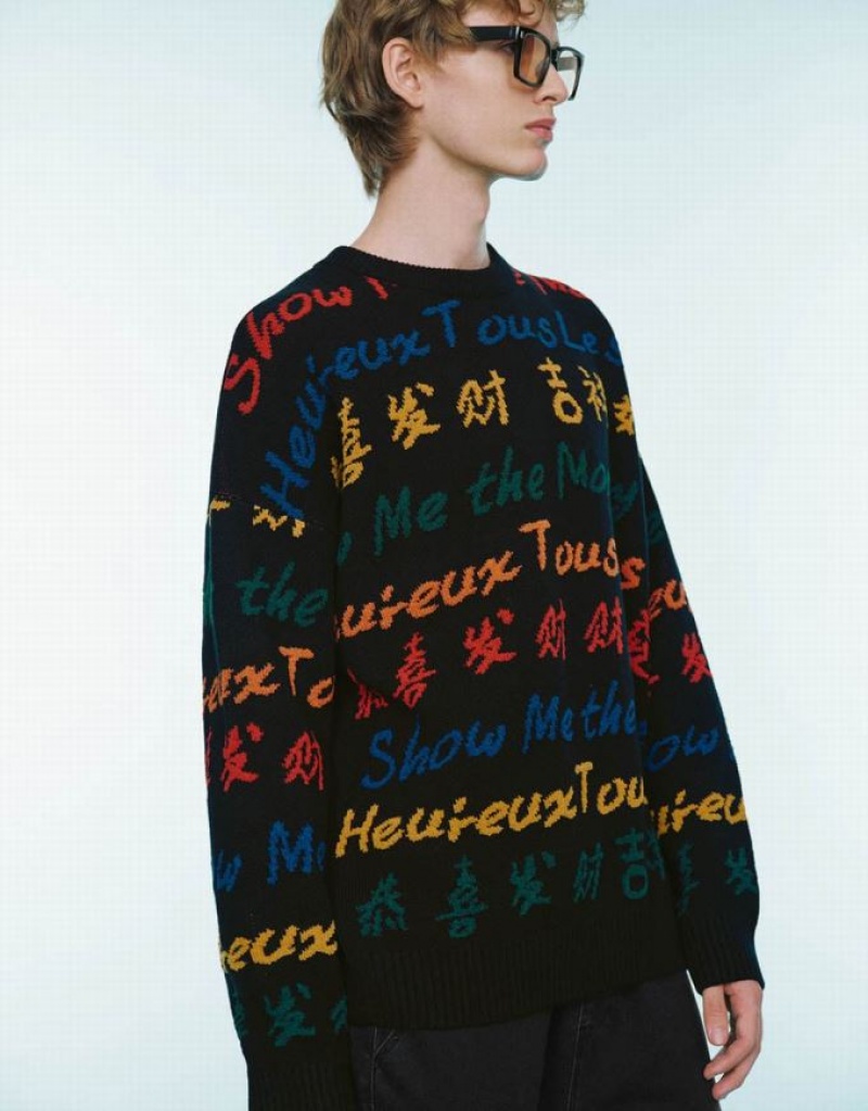 Black Urban Revivo Letter Embroidered Crew Neck Men's Sweaters | KEIVAN-527