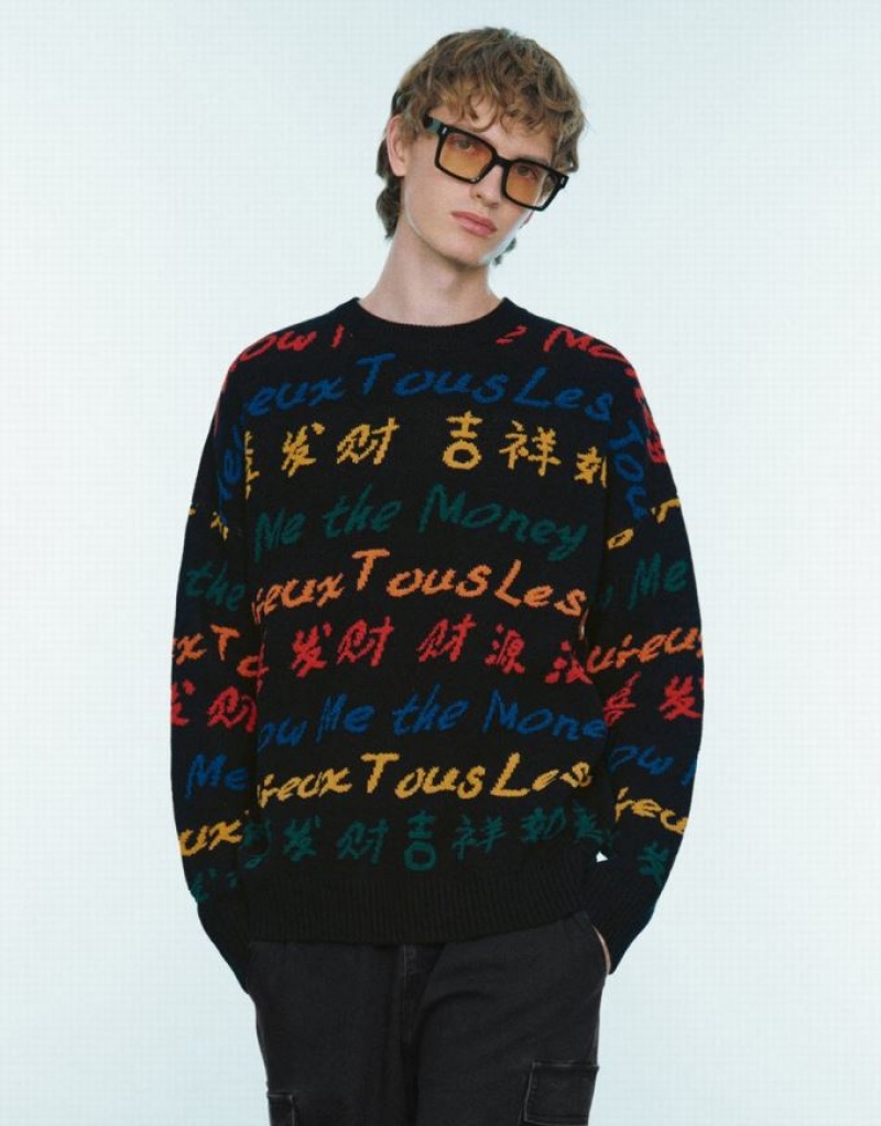Black Urban Revivo Letter Embroidered Crew Neck Men\'s Sweaters | KEIVAN-527