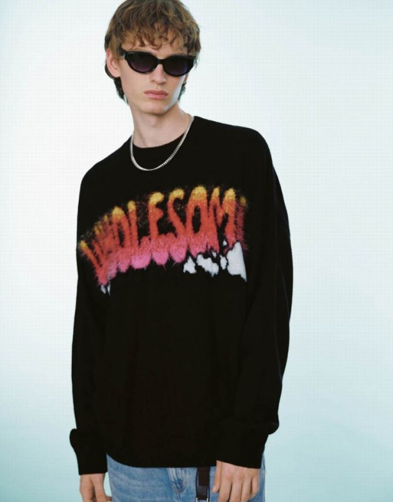 Black Urban Revivo Letter Embroidered Knitted Men's Cardigan | VSQTKA-901