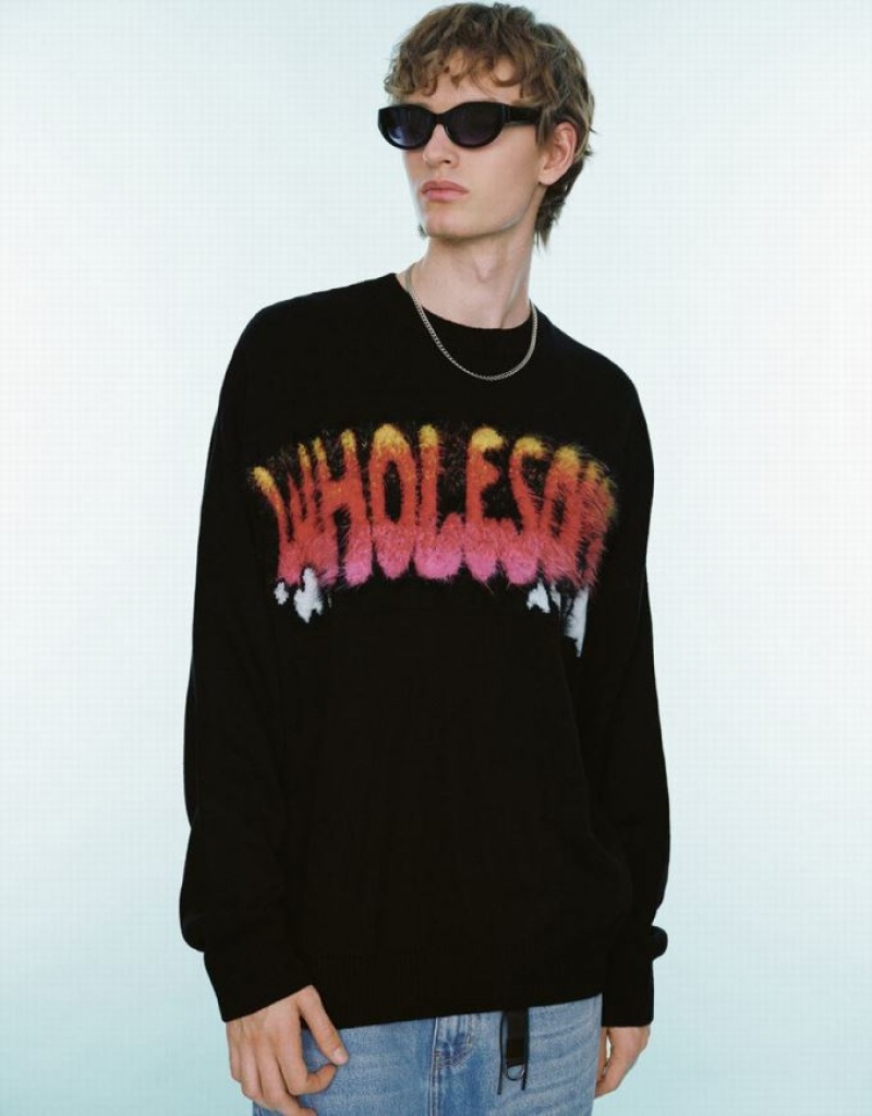 Black Urban Revivo Letter Embroidered Knitted Men\'s Cardigan | VSQTKA-901