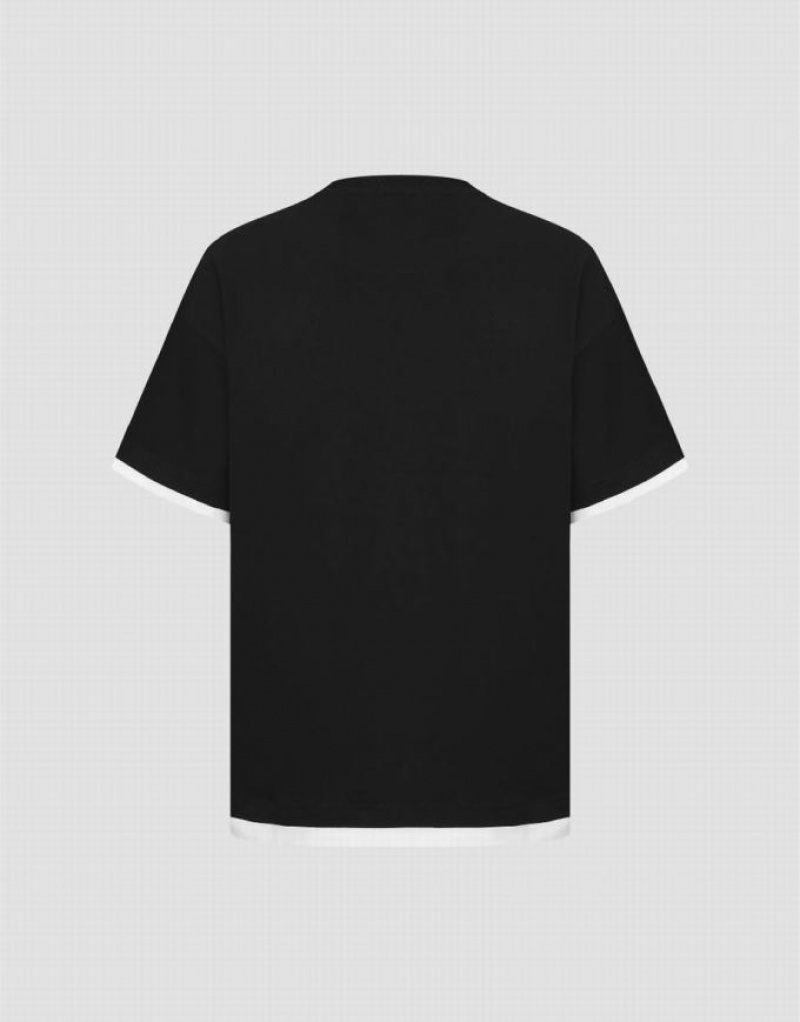 Black Urban Revivo Letter Printed Crew Neck Men's T-Shirts | XDNTCB-461