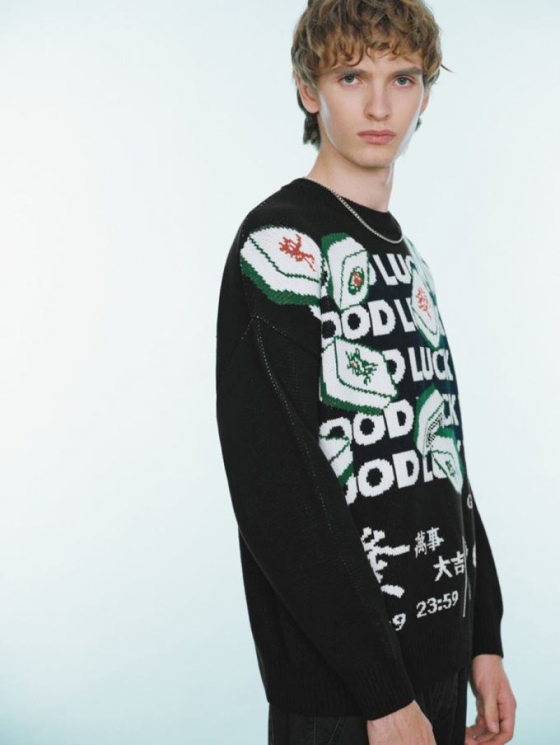 Black Urban Revivo Mahjong Embroidered Men's Sweaters | QAYLPU-231
