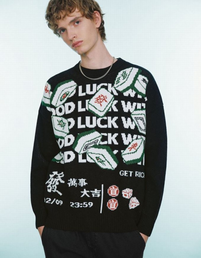 Black Urban Revivo Mahjong Embroidered Men\'s Sweaters | QAYLPU-231