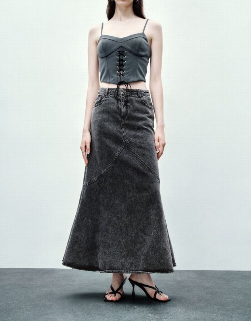 Black Urban Revivo Midi Fishtail Women's Denim Skirt | OXFQGT-096
