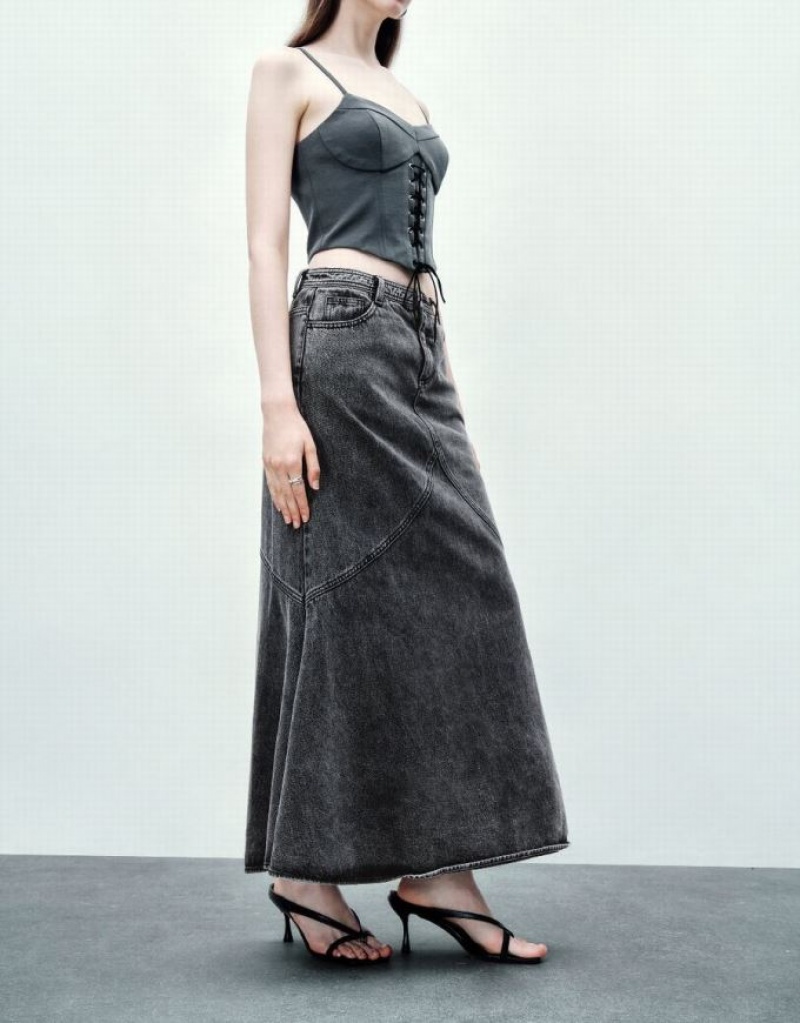 Black Urban Revivo Midi Fishtail Women's Denim Skirt | OXFQGT-096