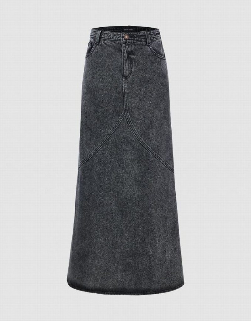 Black Urban Revivo Midi Fishtail Women\'s Denim Skirt | OXFQGT-096
