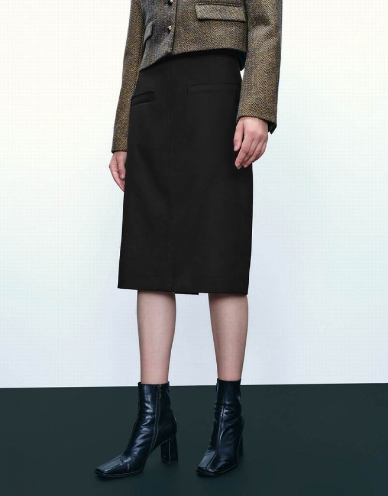 Black Urban Revivo Midi Straight Women's Skirts | QOVJYH-607