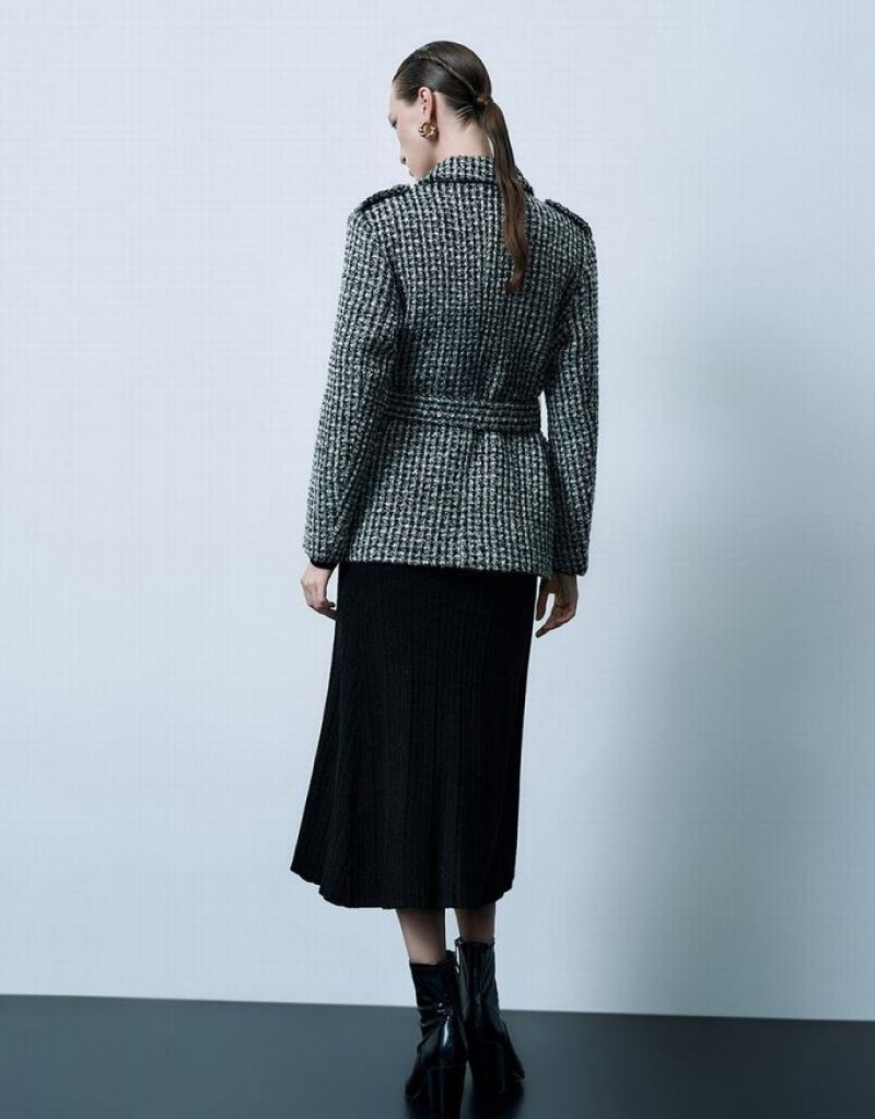 Black Urban Revivo Notch Lapel Tweed With Belt Women's Jacket | IHOCPX-315