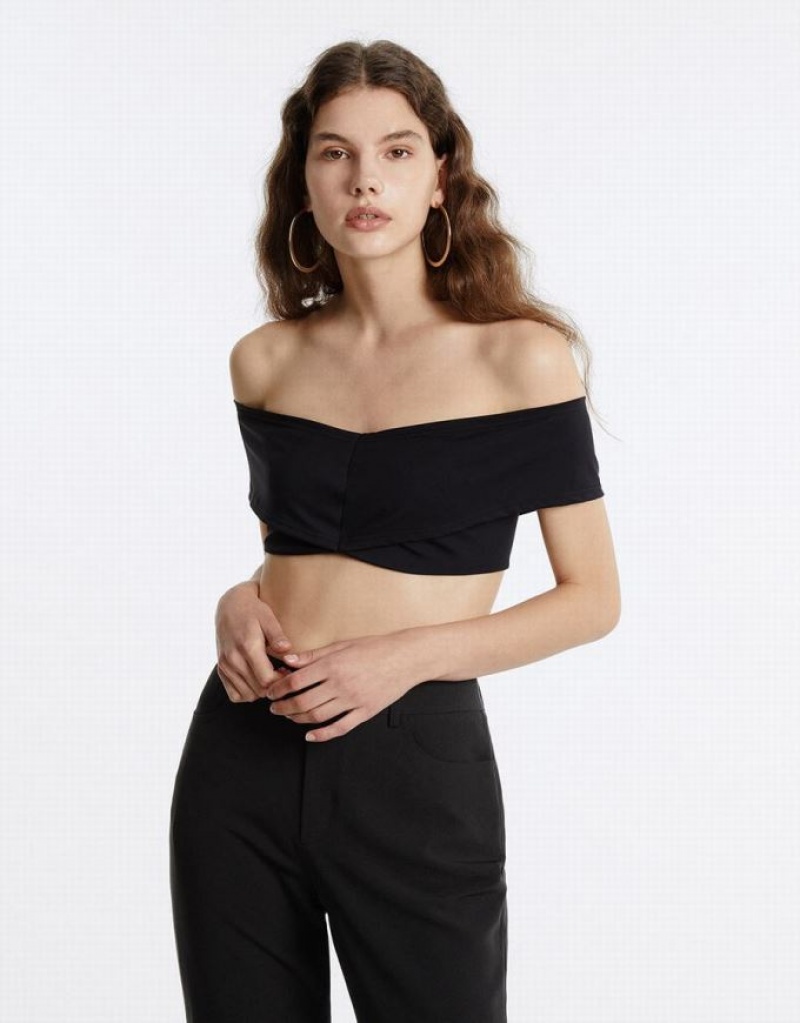 Black Urban Revivo Off-Shoulder Cropped Top Women\'s Bandeau | XNRAUB-360