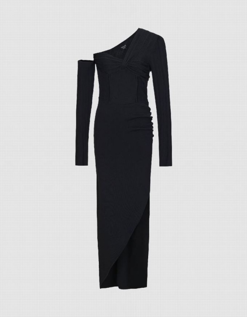 Black Urban Revivo One Shoulder Skinny Women's Knitted Dress | WLJKUT-247